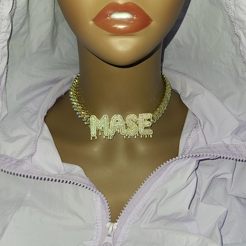 Custom Name Necklace Drip Letter with Rhinestone Cuban Chain Hip Hop Jewelry Drop Shiping 240914