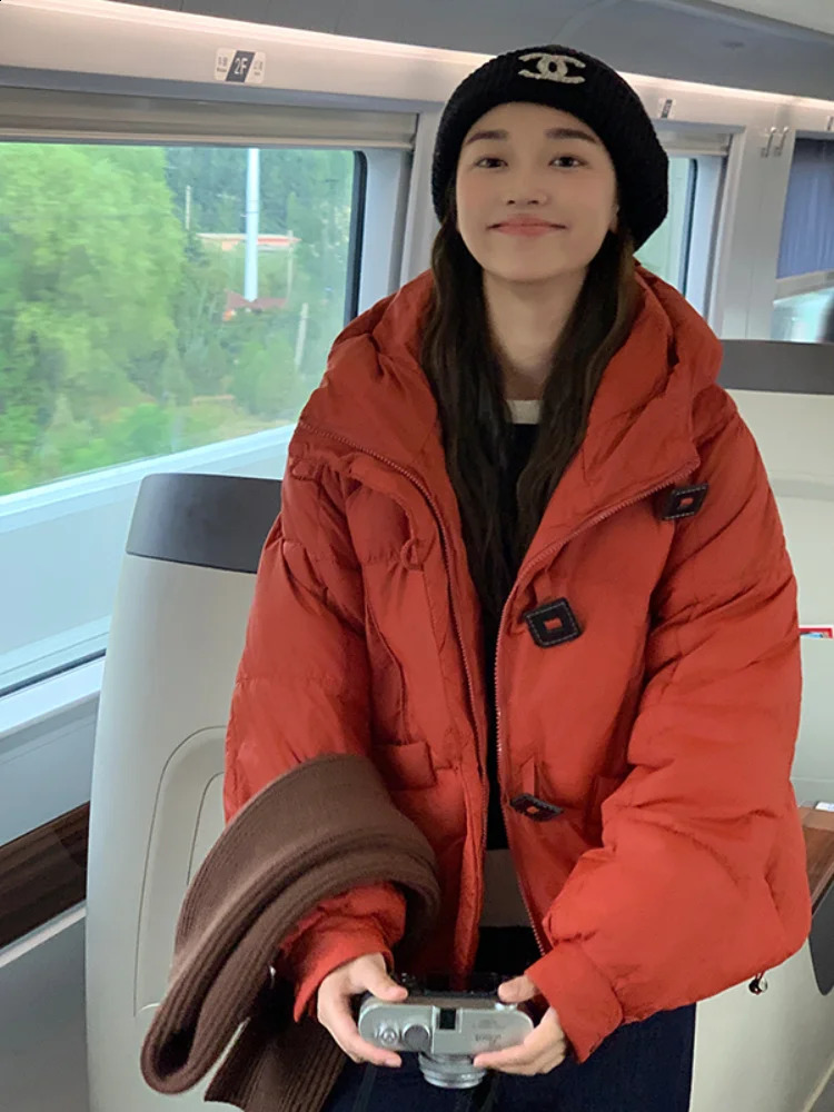 Korean Casual Loose Puffer Jacket Women Autumn Winter Square Button Thicken Cotton Padded Female Hooded Short Parkas 240921
