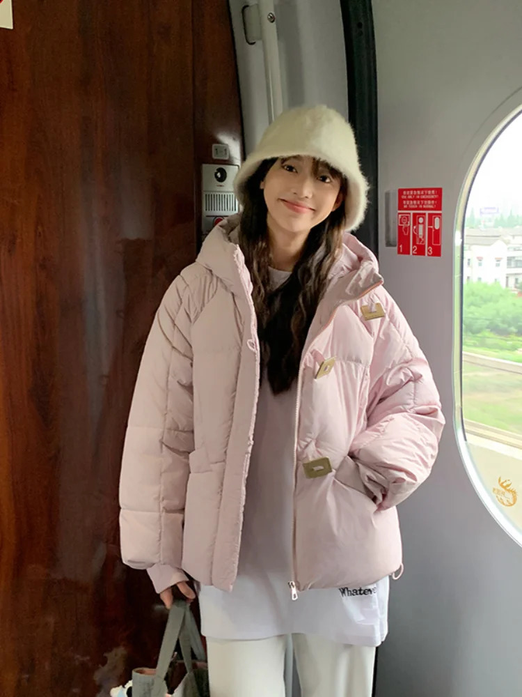 Korean Casual Loose Puffer Jacket Women Autumn Winter Square Button Thicken Cotton Padded Female Hooded Short Parkas 240921