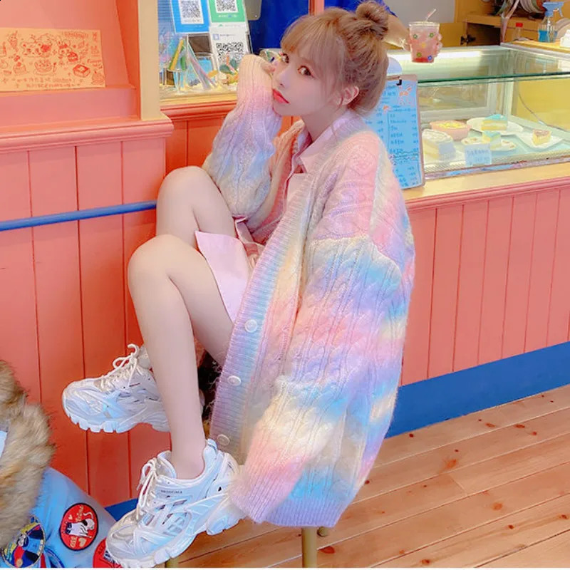 Rainbow Knitted Cardigan Women Autumn winter Sweet Kawaii Sweater Coat Female Long Korean Button Down Cardigan Fall Women 240912