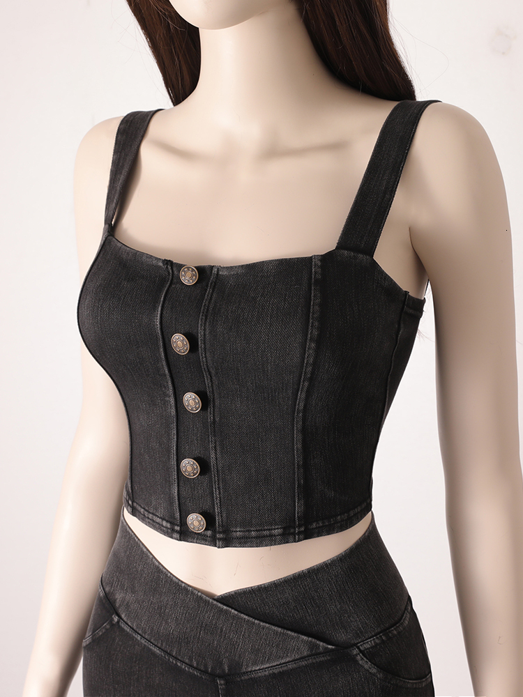 Women's Clothing Sexy Tops For Women Crop Fashion Button Front Shirred Detail Denim Top