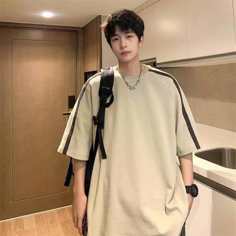 American heavy striped T-shirt men's trend 7-point sleeve short sleeve loose half sleeve