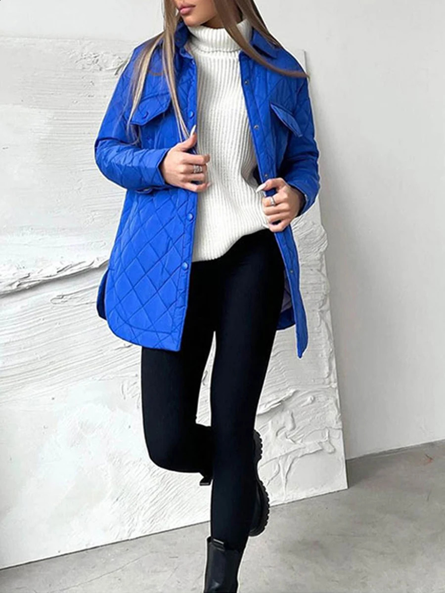 Womens Belted Quilted Jacket Lightweight Casual Warm Solid Color Single Breasted Long Sleeve Single Breasted Lapel Jacket Coat 240918