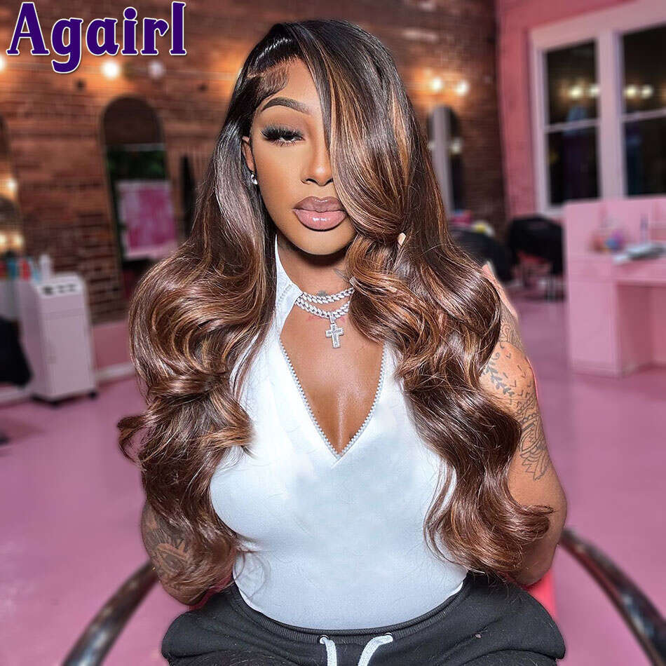 Highlight Brown Blonde 100% Human Hair Wigs 13x6 Transparent Frontal Pre Plucked Ready Go 13x4 Body Wave Lace Front Wig