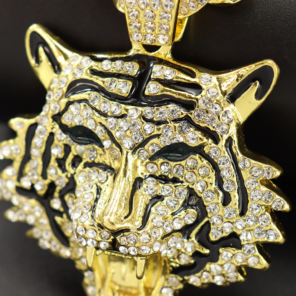 Personality hip-hop three-dimensional tiger head pendant necklace with diamond chain neck, clavicle chain Free shipping