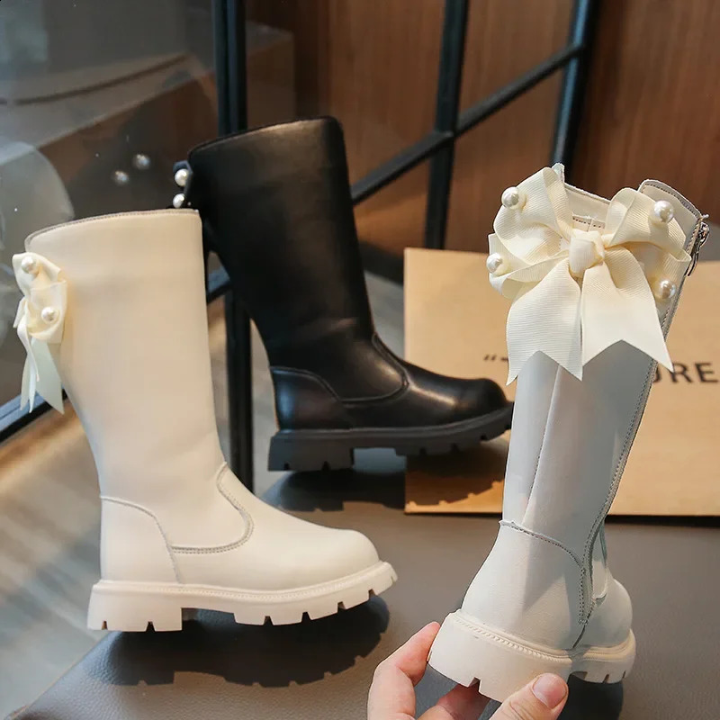 Knee Length Cool Shapes Childrens Shoes Childrens Boots Autumn and Winter Fashion Top Student Shoes Girls Sports Lace Bow G08301 240918