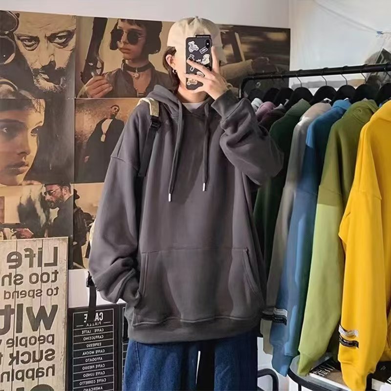 Men's and women's hoodies spring and autumn new solid color Joker hooded coat loose casual sports coat