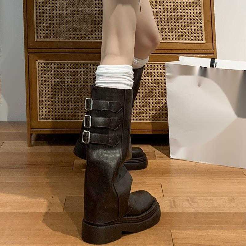 CMM Brown Versatile British Thick Soled Long Tube Boots for Women New Summer Slimming and Height Increasing Explosive Street Pants Boots