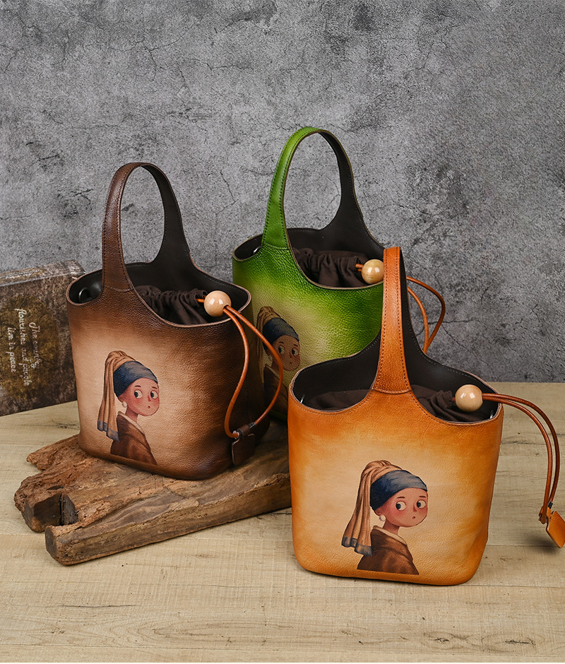 Vintage Cow Leather Bags For Women Handmade TLXT 3 Color Wiping Designer Bucket Bag Female Designer Luxury Handbag Brown Bag