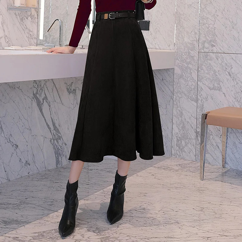 Women Suede Large Swing A-line Skirt For Autumn Winter High Waist Retro Puffy Long Thicken Warm Skirts With Belt Dropshiping 240919