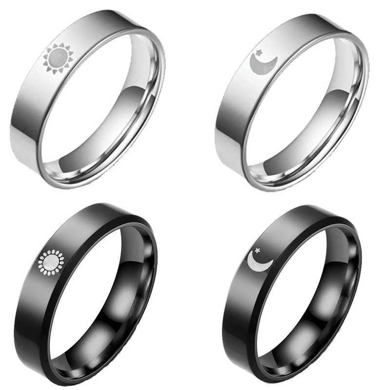 AsJerlya Simple Moon Sun Couple Rings for Lovers Black Stainless Steel Women Men Wedding Ring Valentines Day GiftsX240921