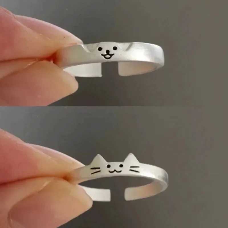 Cat Dog Couple Rings Cute Cartoon Sliver Color Ring for Women Men Adjustable Open Alloy Finger Rings Lovers Dating Jewelry GiftsX240921