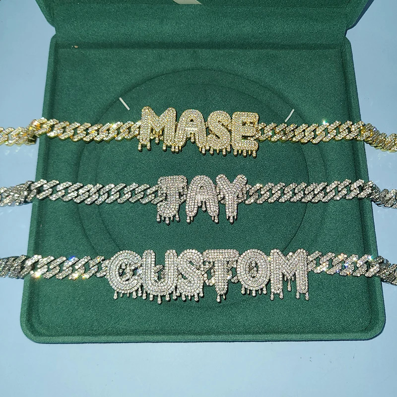 Custom Name Necklace Drip Letter with Rhinestone Cuban Chain Hip Hop Jewelry Drop Shiping 240914