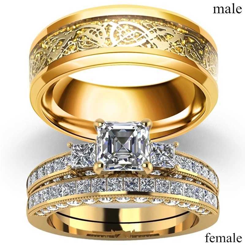 Charm Gold-Color Couple Rings - Mens Stainless Steel Dragon Pattern Rings Womens White Zircon Ring Set Bridal Wedding JewelryX240921