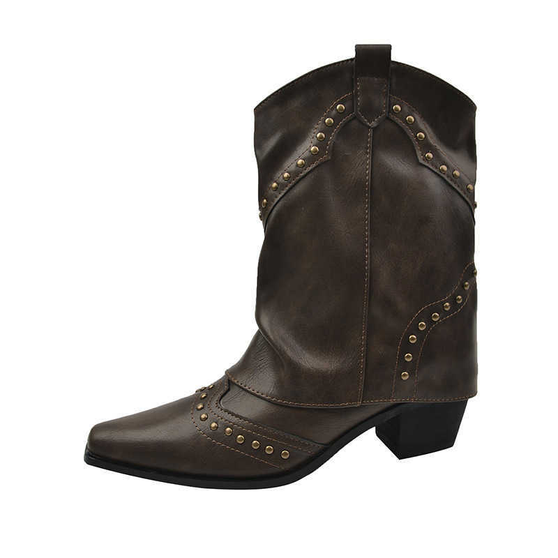 CMM Brown v Neck Boots Fashion Western Cowboy Boots Rivet Design Smoke Tube Boots Womens Short Boots Summer and Autumn Styles