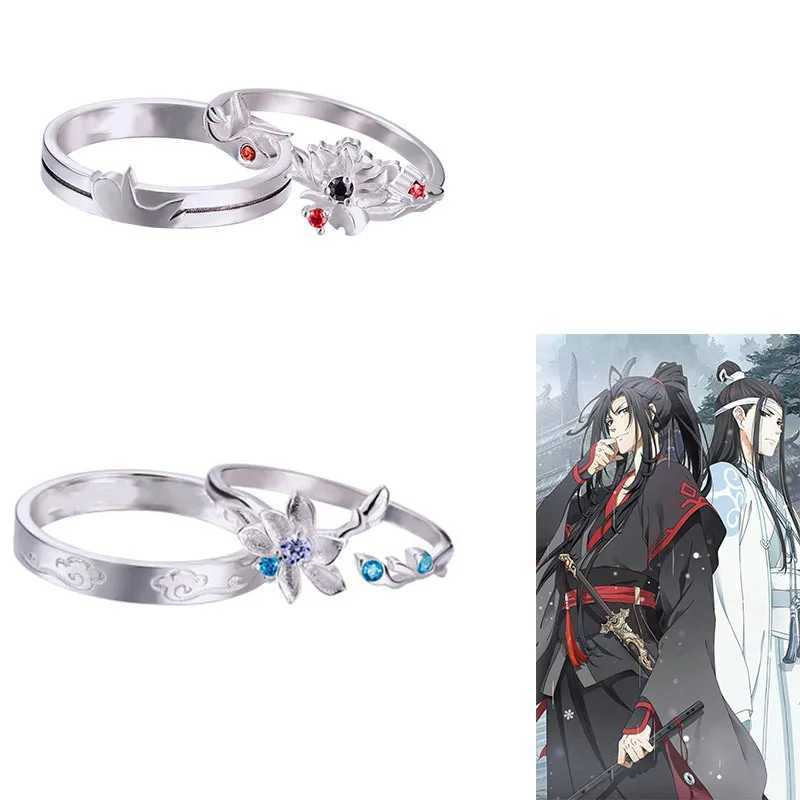Anime Mo Dao Zu Shi Rings Lan Wang Ji Wei Wuxian Red Blue Crystal Flower Opening Rings Wedding Couple Jewelry Valentines Day GiX240921