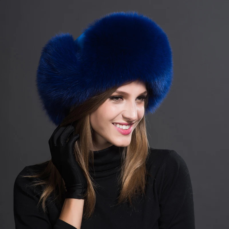 Natural Fox Fur Bomber Hats Winter Warm Women Flurfy Genuine Fox Fur Earfiap Caps Quality Russian Lady Real Fox Fur Hat 240910