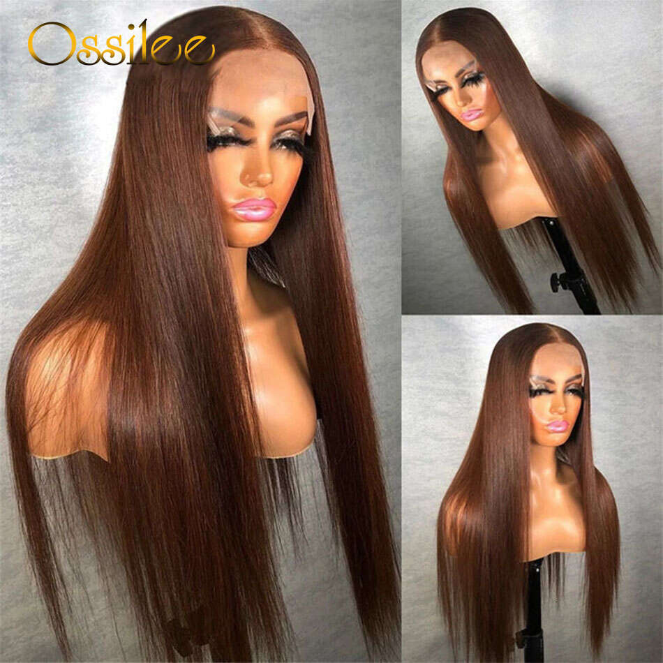 Color 4 Chocolate Brown Front Brazilian Straight 4x4 Human Hair Closure 13x4/13x6 Lace Frontal Wigs Ossilee