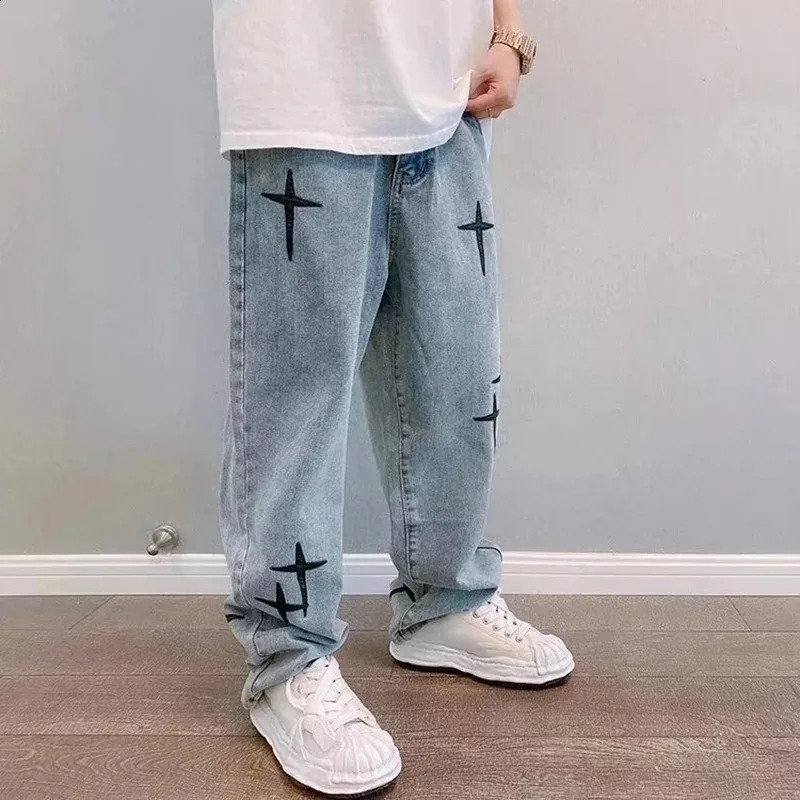 Autumn Men Prints Streetwear Baggy Wide Leg Jeans Korean Y2k Trousers Male Drapes Straight Casual Loose Denim Cargo Pants 240911