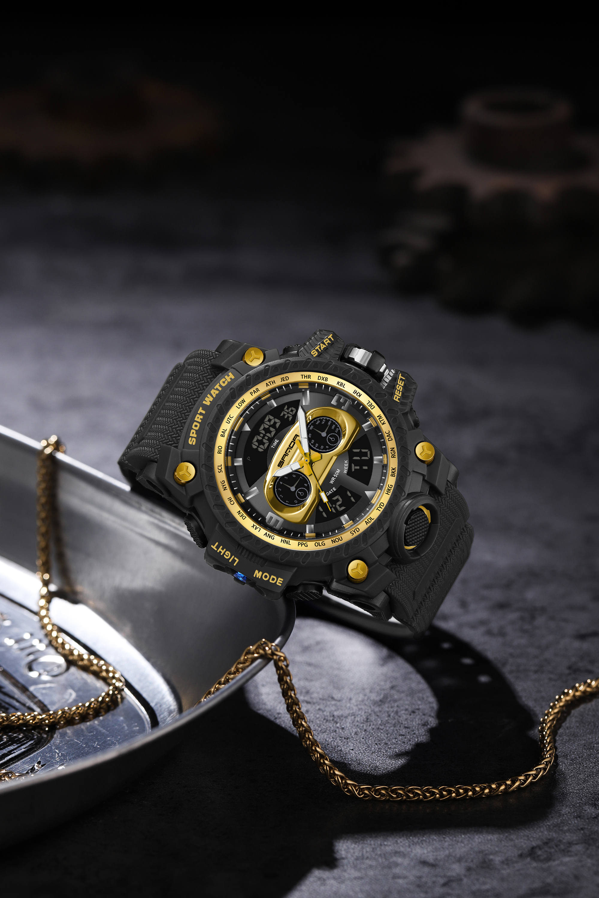 SANDA 3153 Men's Watch Sports Military Quartz Watch 50M Waterproof Dual Display Digital Watch, Suitable for Men's Relogio Masculino 12
