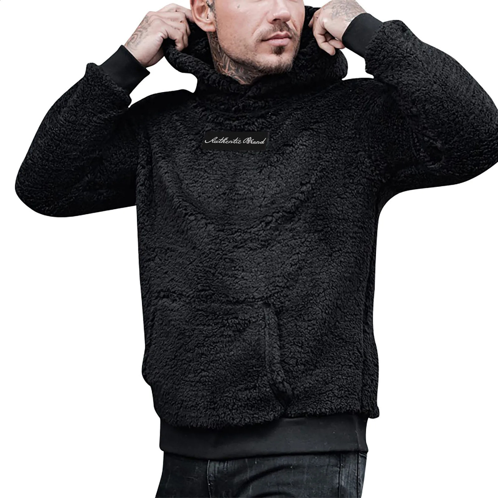 Man Autumn And Winter Plush Hoodie Fuzzy Fleece Solid Color Letter Label Long Sleeve Soft Pockets Thick Warm Hooded Sweatshirt 240921