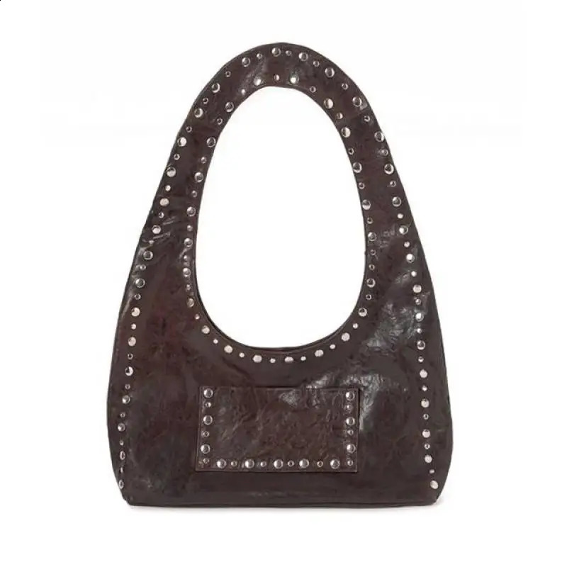 Retro Rivet Decorative Shoulder Bag Trendy European And American Motorcycle Oil Wax Leather Underarm Handbag For Women 240909