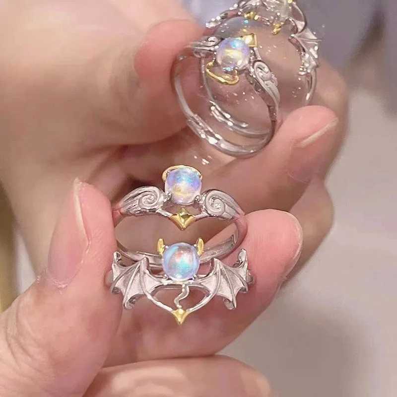 2023 Trendy Angel Devil Moonstone Couple Rings for Women Men Silver Color Opening Adjustable Lovers Ring Wedding Jewelry GiftsX240921