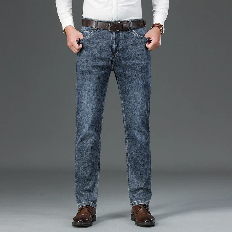Autumn mens business casual jeans 95% pure cotton comfortable elastic retro straight denim pants classic Trouser style 240913
