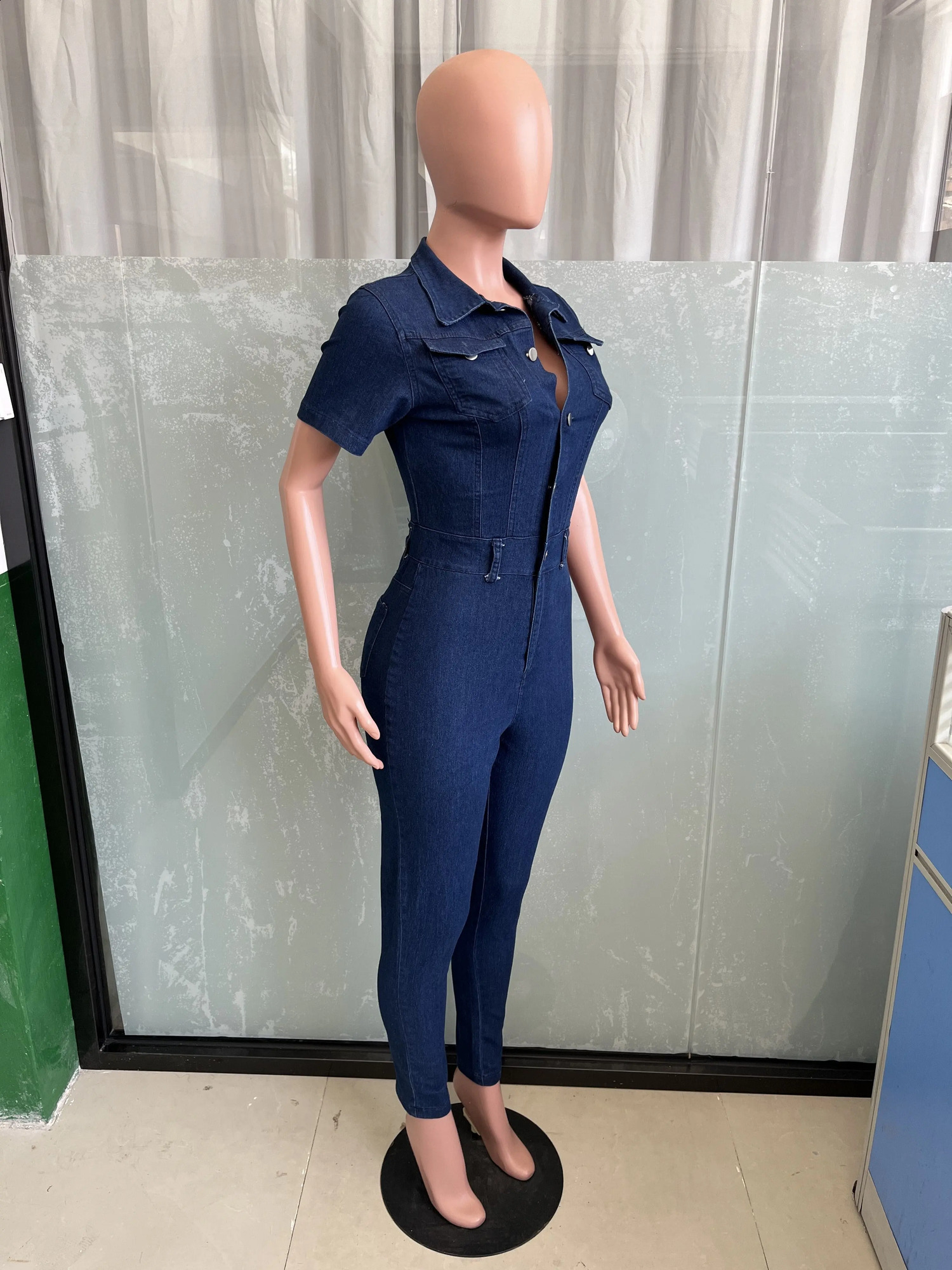 Sexy Women Jeans Stretch Romper Turn Down Collar Elegant Blue Denim Casual Jumpsuit Overalls 240921