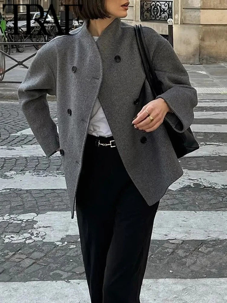 TRAF GAL 2024 Winter Women Woolen Coat Stand Collar Double Breasted Loose Jacket Female Office Long Sleeve Overcoat Grey y2k 240913