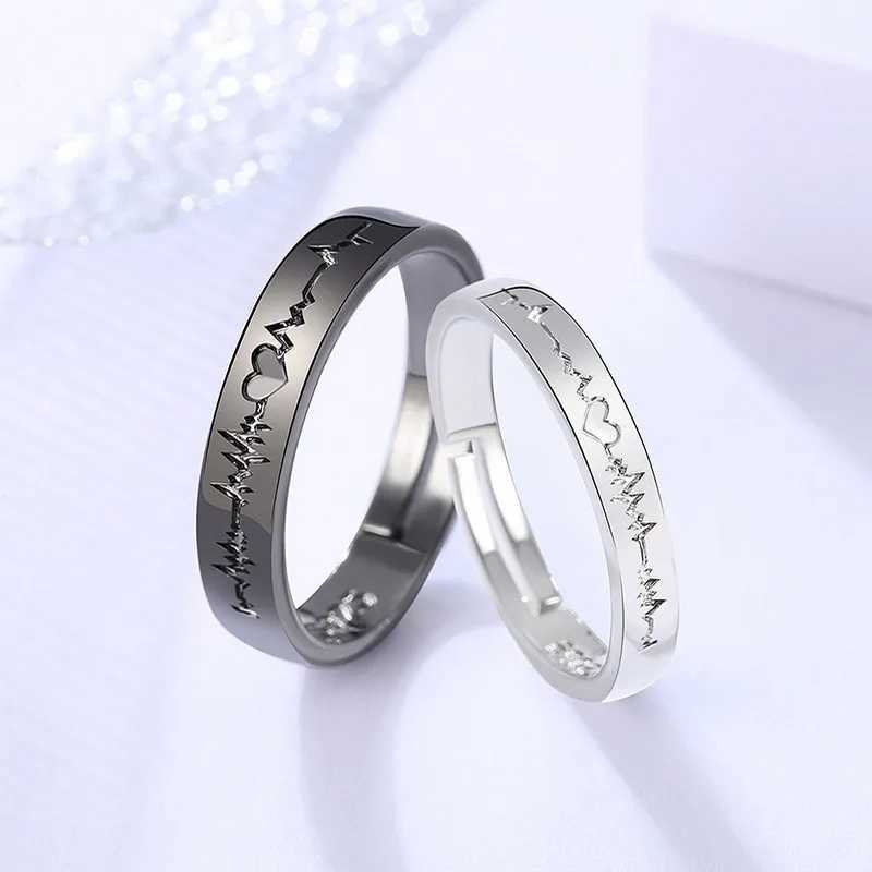 2Pcs/set Romantic Couple Rings For Women Men Punk Heart ECG Black White Forever Love Promise Wedding Ring ValentineS Day GiftX240921