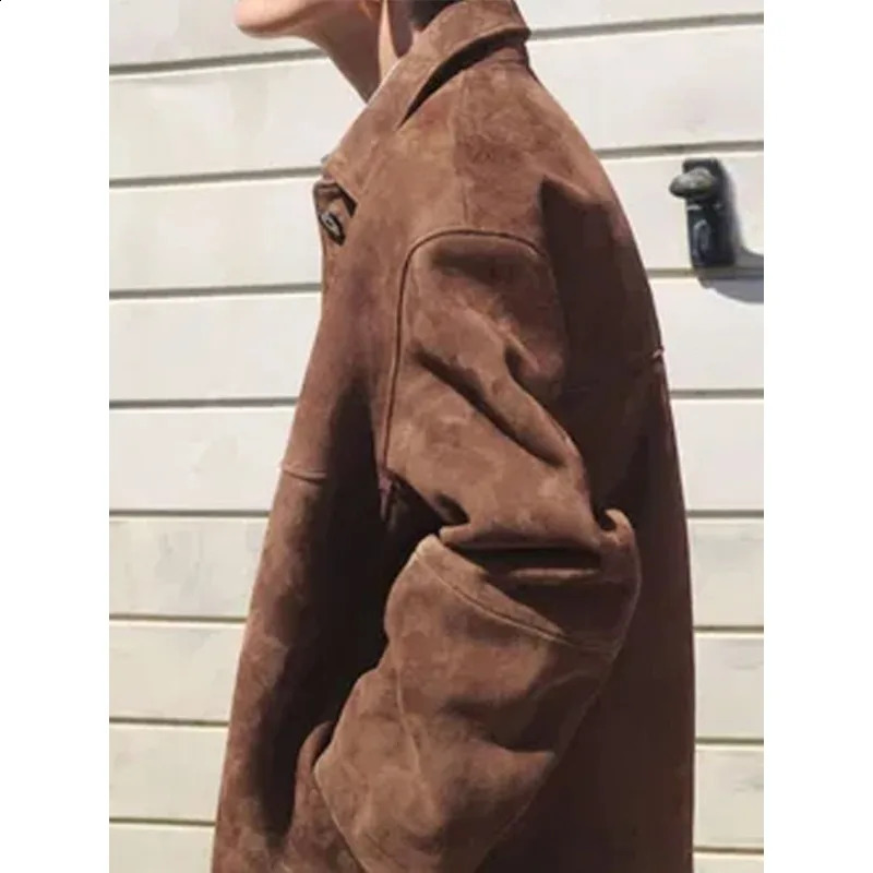 Retro Brown Suede Leather Blazer Lapel Casual Single Breasted Loose Pocket Women Jacket 2024autumn Fashion Commute Street Coats 240921