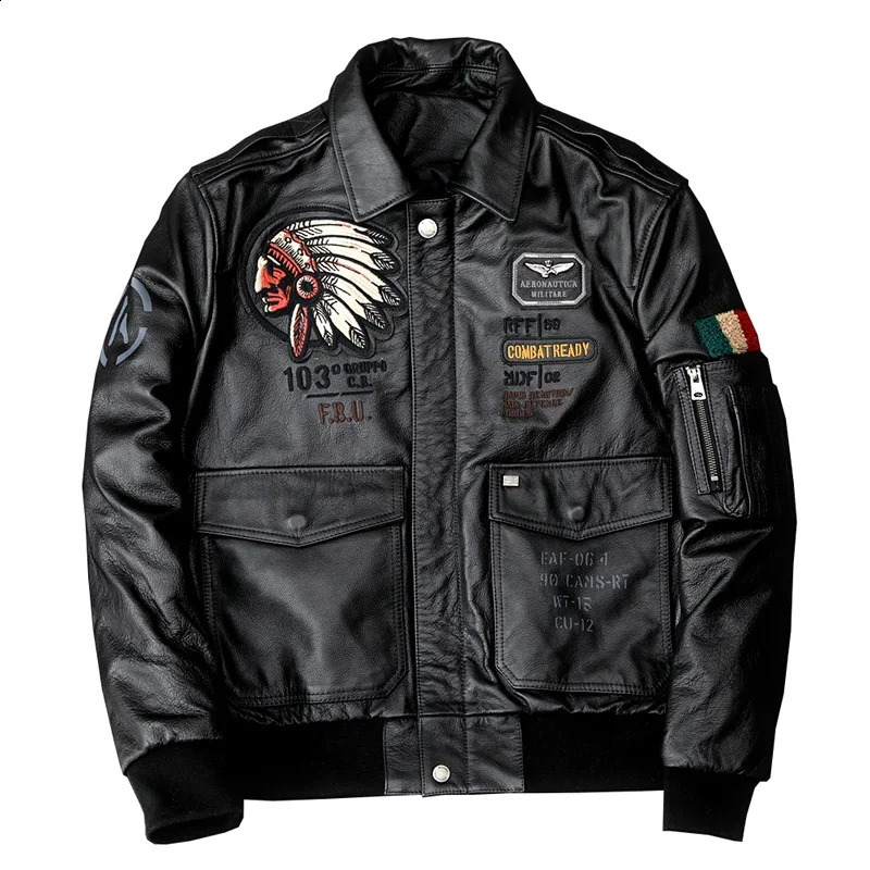 Indian Embroidered Flight Suit Natural Leather Coat Mens Denim Leather Motorcycle Jacket Ultra Thin Fashion Clothing 240909