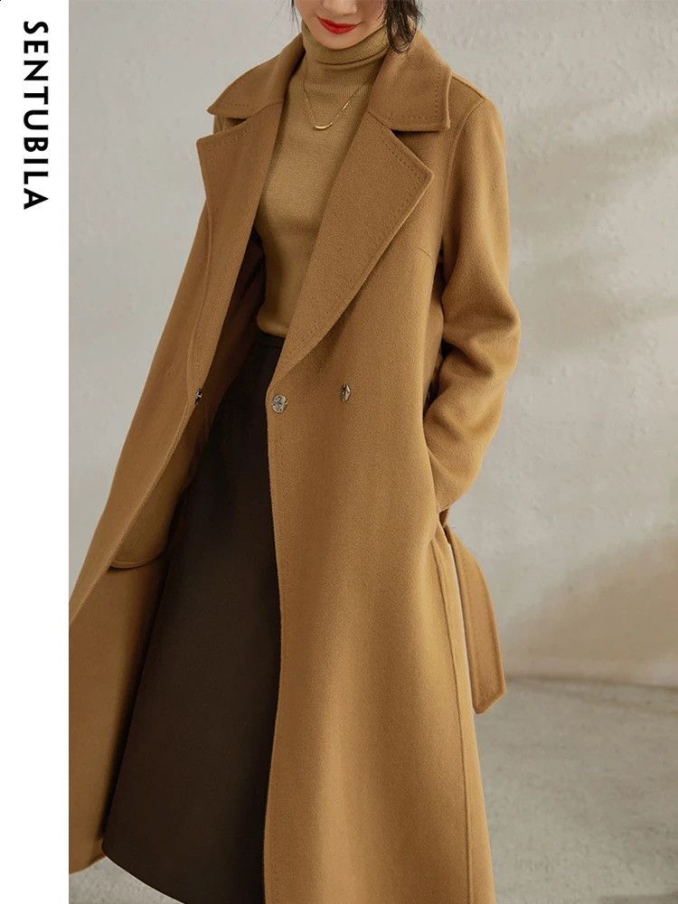 SENTUBILA Women 100% Wool Long Coat Elegant Notched Belted Straight-Cut Warm Double Faced Woolen Winter Overcoat W24o433 240912