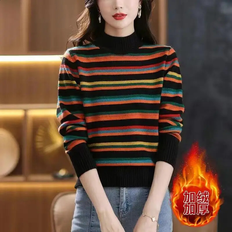 Lion Mountain Rainbow Winter Womens Half High Collar Long Sleeve Striped Sweater Colored and Velvet Fit Comfortable Top 240912