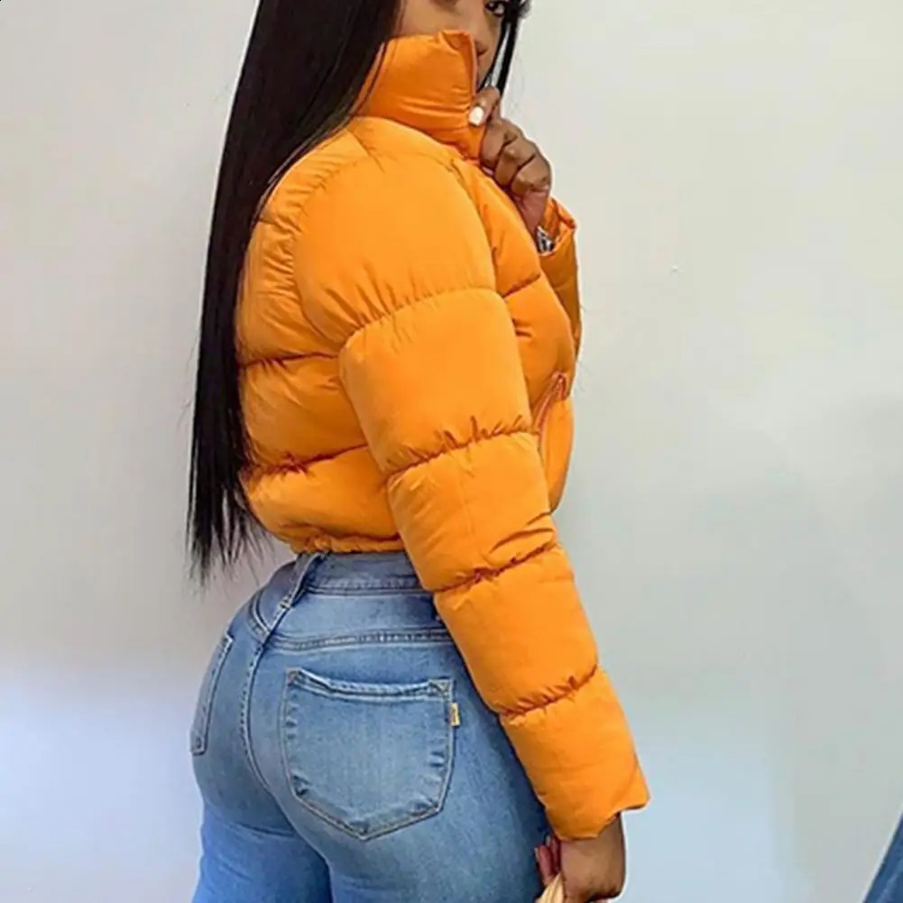 Womens winter long sleeved zipper inflatable jacket holder collar for warmth Parka fashion short thick bubble 240921