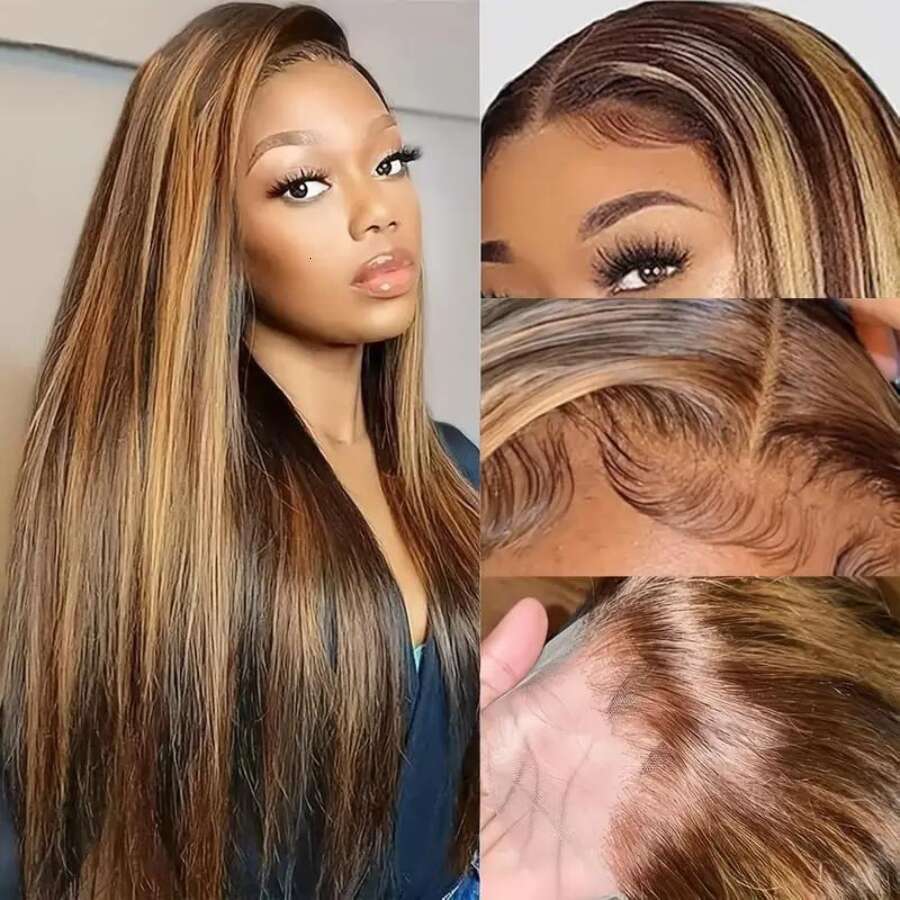 P4/27 Highlight Straight Wig Wigs Honey Blonde Body Wavy T Part Brazilian Natural 100% Human Hair Lace Frontal