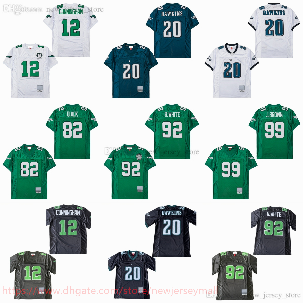 College 1992 Throwback Football 92 ReggieWhite Jersey Retro Stitch 12 RandallCunningham 20 BrianDawkins 99 JeromeBorwn Jersey Vintage Breathable Sports Shirts