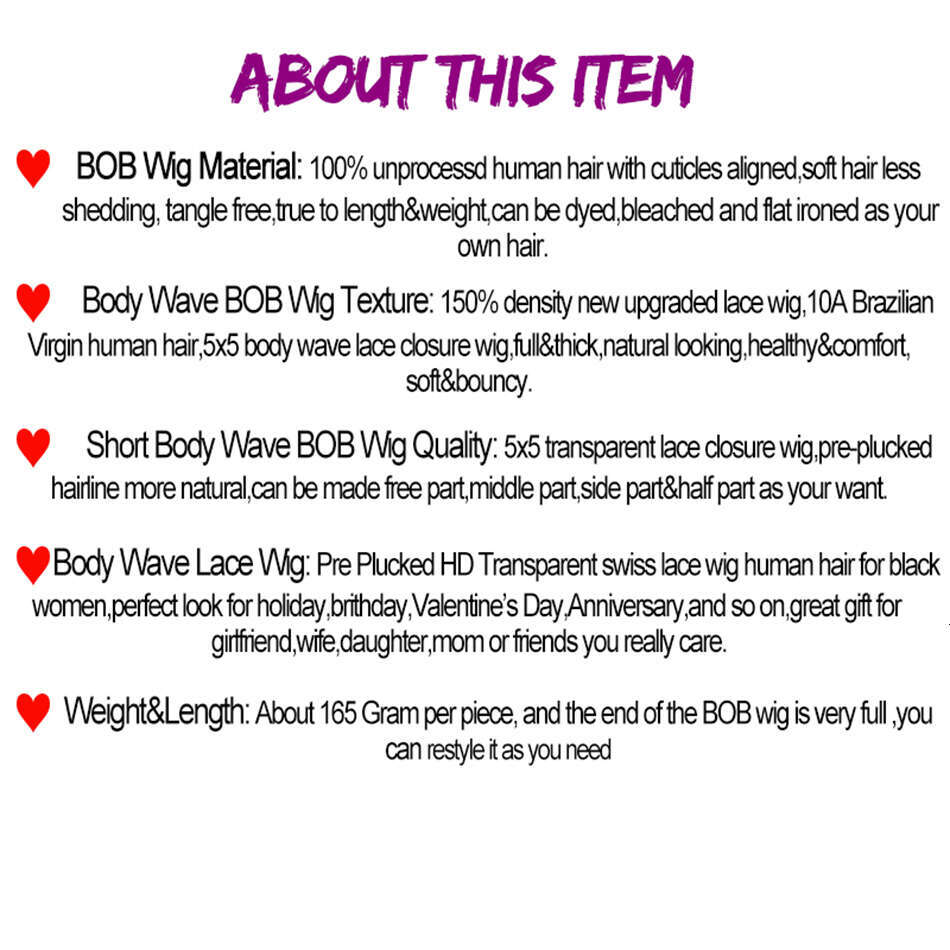 Body Wave Bob Brizilian Front Short Wavy Preplucked Human Hair Wigs For Women 5x5 Lace Closure Wig