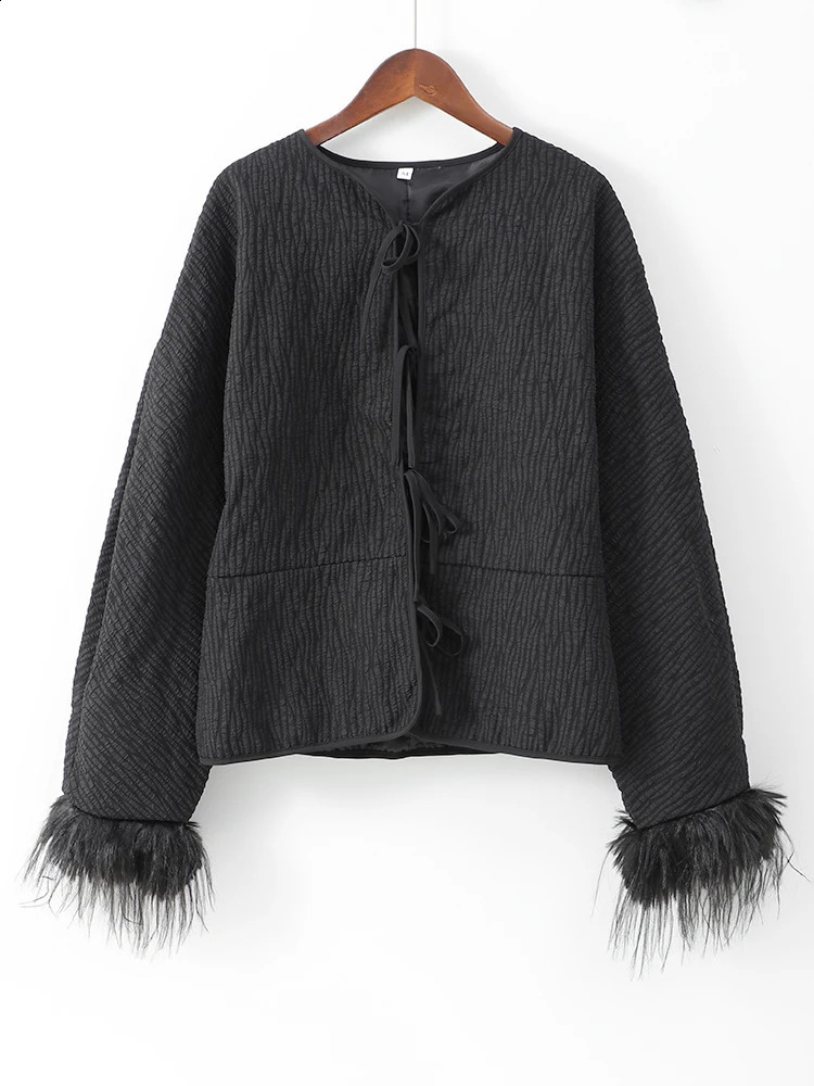 Chic Solid Spliced Feather Cuffs Lace Up Cotton Coat Women Fashion O Neck Long Sleeves Quilted Jacket 2024 Lady Loose Streetwear 240918