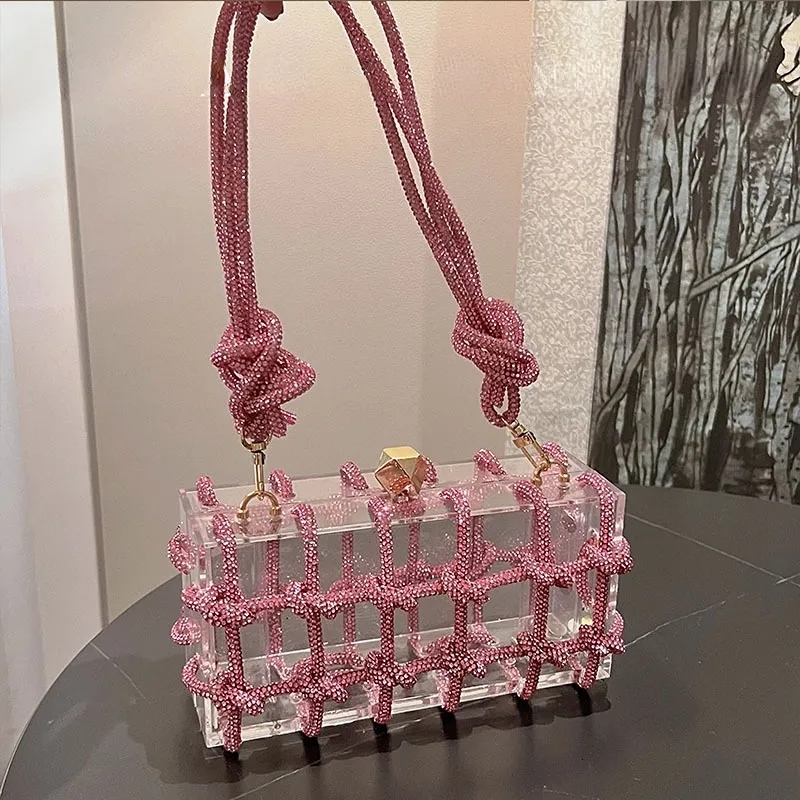 2024 New Transparent Acrylic Box Evening Dress Handbag Women's Boutique Weaving Rope Rhie Wallet and Handbag Wedding Party Supplies Free Shipping