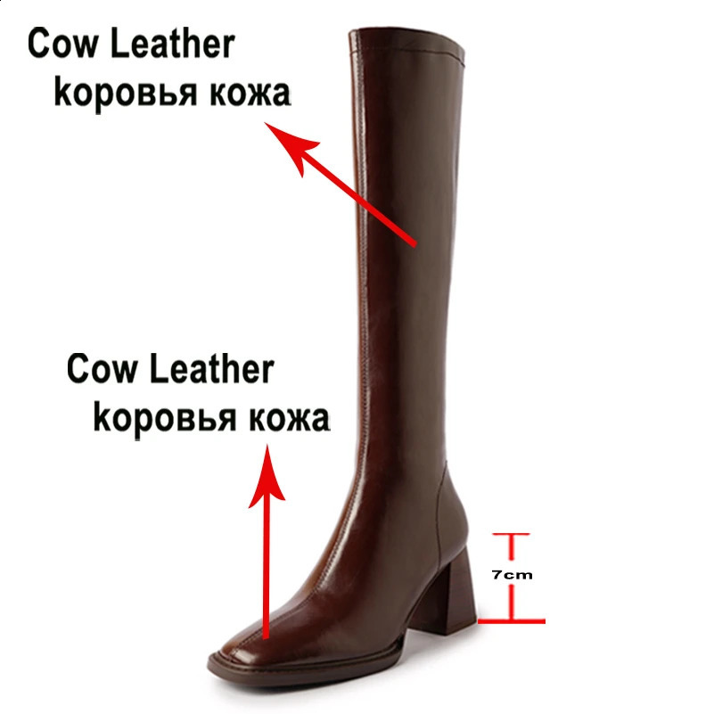 Meotina womens genuine leather knee high boots square toe block high boots zipper long boots womens fashion shoes winter beige 40240921