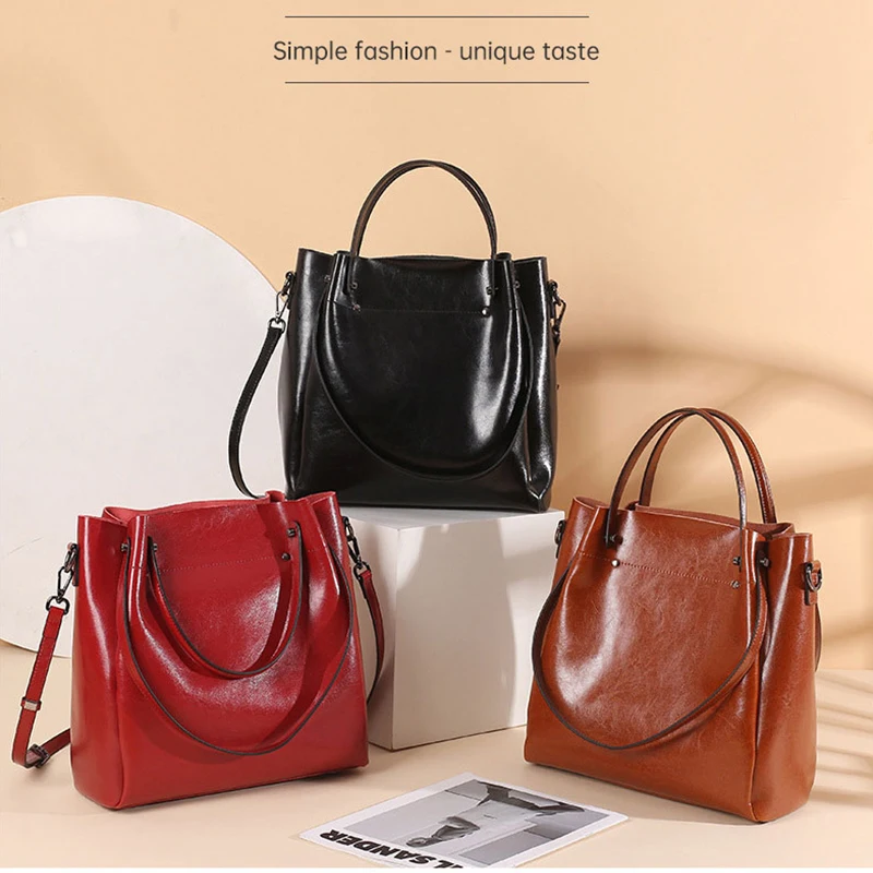 Designer Genuine Leather Tote Bag for Women TLXT Large Capacity High Quality Cowhide Women's Shoulder Bags Wrinkled Opening Fashion Handbag Desig