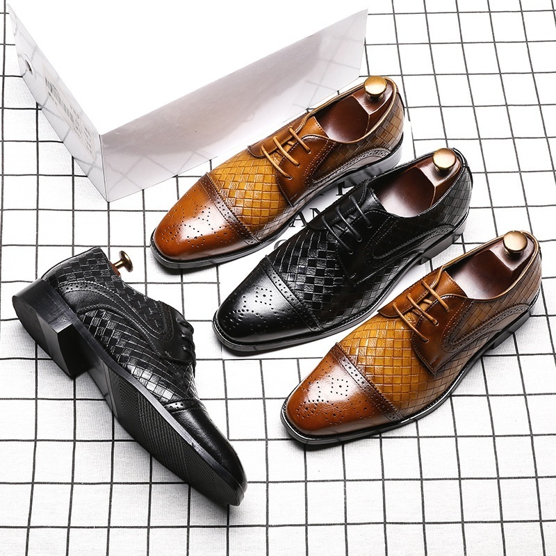 Men's Woven Leather Dress Mens Classic Vintage Derby Brogue Men Lace-Up Business Office Party Wedding Shoes