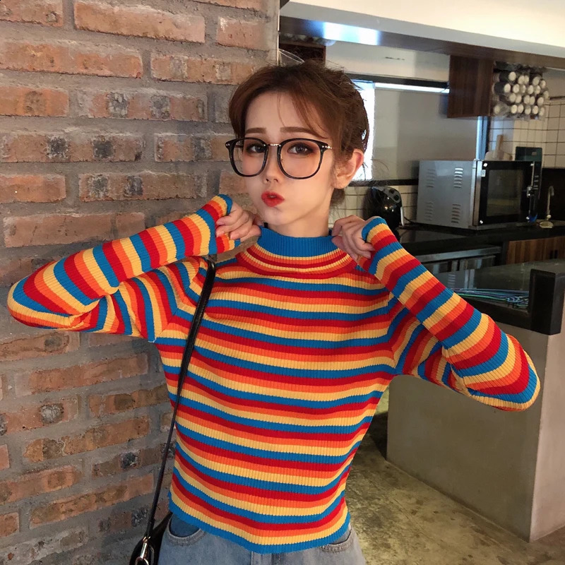 Winter Rainbow Knitted Women Sweaters And Long Sleeve Turtleneck Casual Pullovers Sueter Mujer Tops Korean Striped Acrylic Jumpe 240912