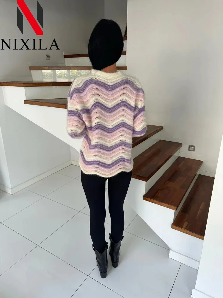 Spring Autumn Womens Pullover Sweet Rainbow Bar Sweater Women Elegant Loose Knit Long Sleeve Tops Korean Fashion Lady Clothes 240912