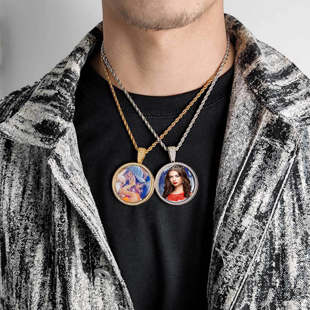 Custom Photo Pendant Necklace TopBling Zircon Memorial Frame Medal Pendants Jewelry Women Men Gift