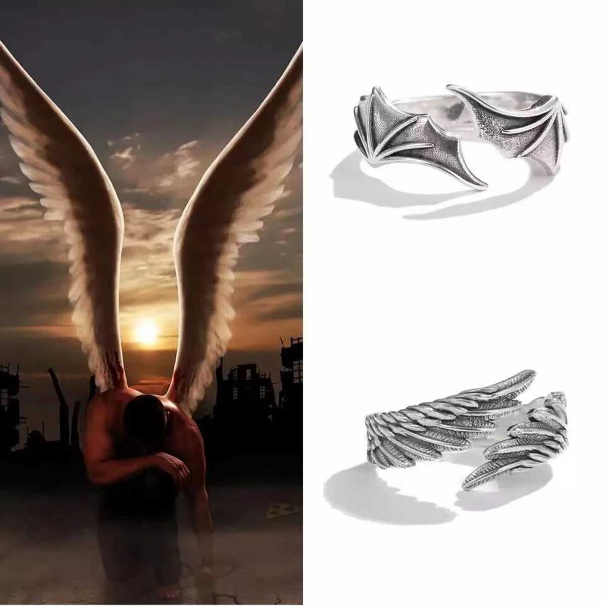 1 Pair Of Fashionable Angel and Demon Wing Open Ring For Men and Women Couple Temperament Matching RingX240921