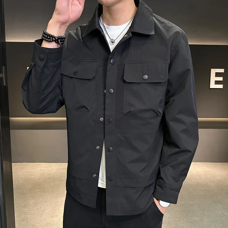 Spring and Autumn Mens Thin Work Jacket Casual Button Down Multi Pocket Bomber Solid Color 240921