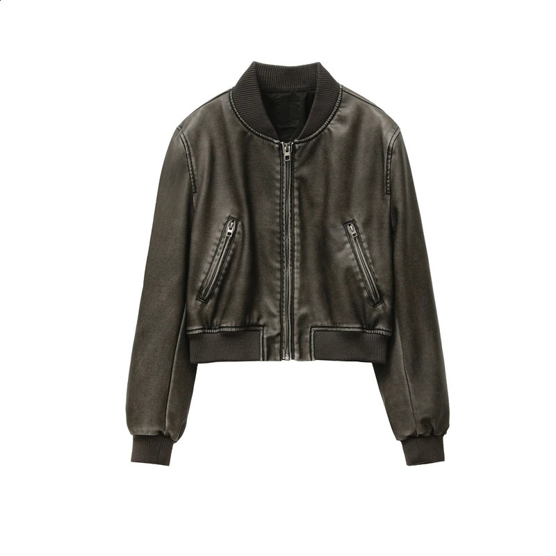 ZVRI Womens 2023 vintage leather bomber jacket coat top womens style 240919